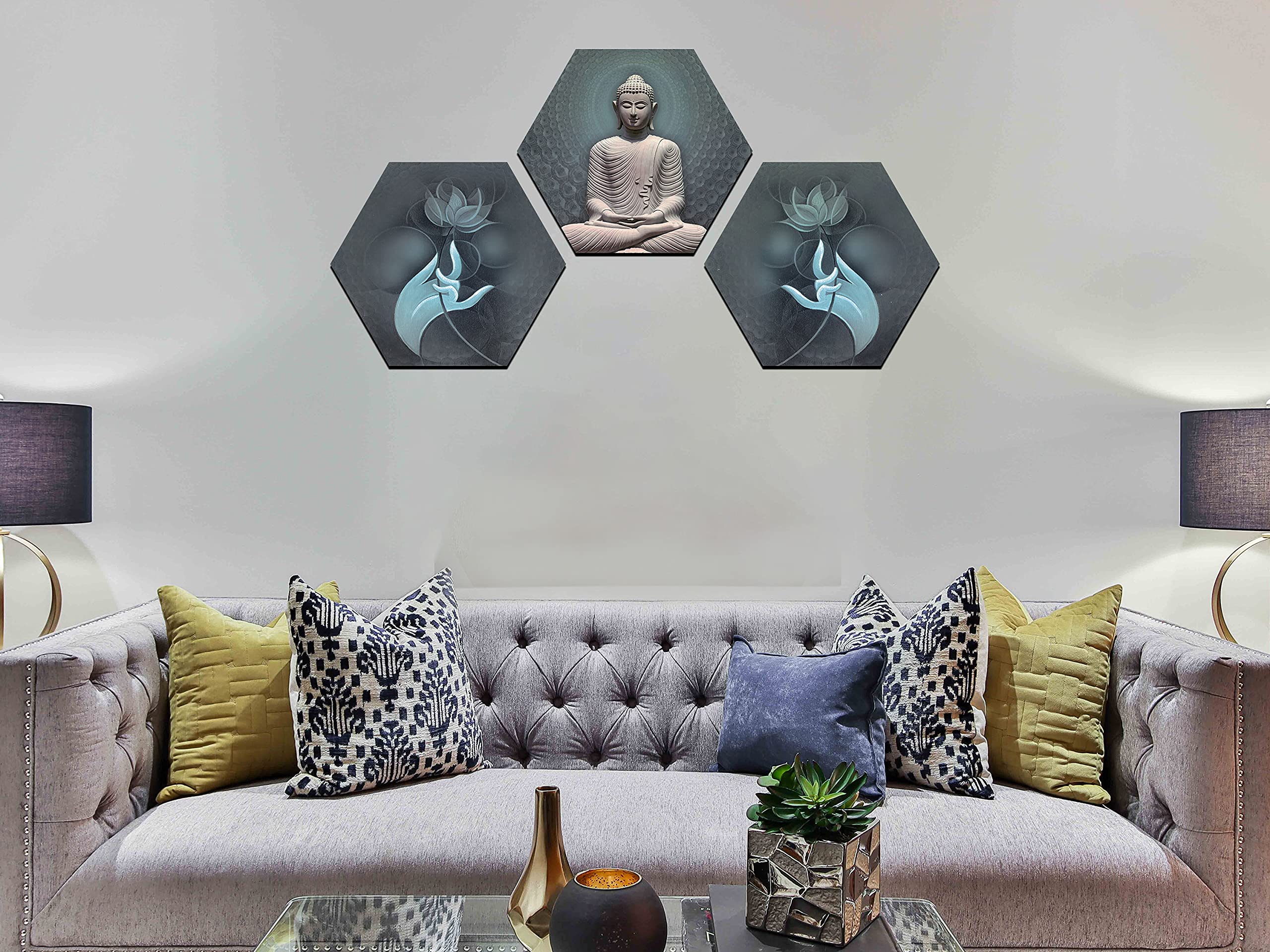 Indianara Set Of 3 Gautam Buddha Hexagon Pieces Mdf Painting (3634Hex) Without Glass (17 Inch X 17 Inch)( Multicolor3634Hex)